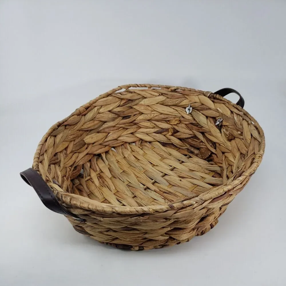 Woven Basket Vintage Rustic Metal Frame Round Riveted Vinyl Handles Pre-Owned